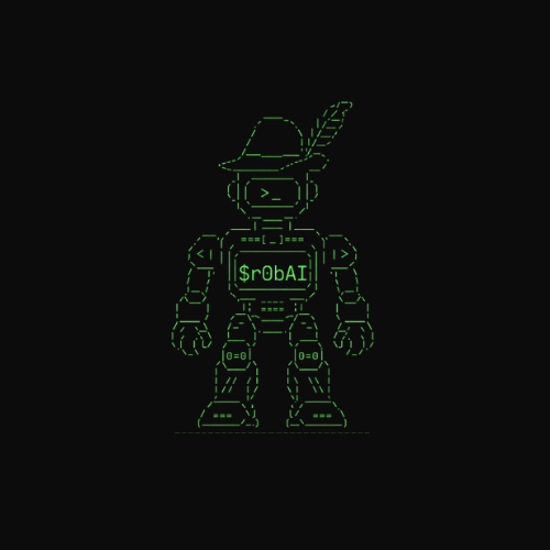 Canonical monochrome neon-green ASCII r0bAI robot wearing a Robin Hood hat and feather